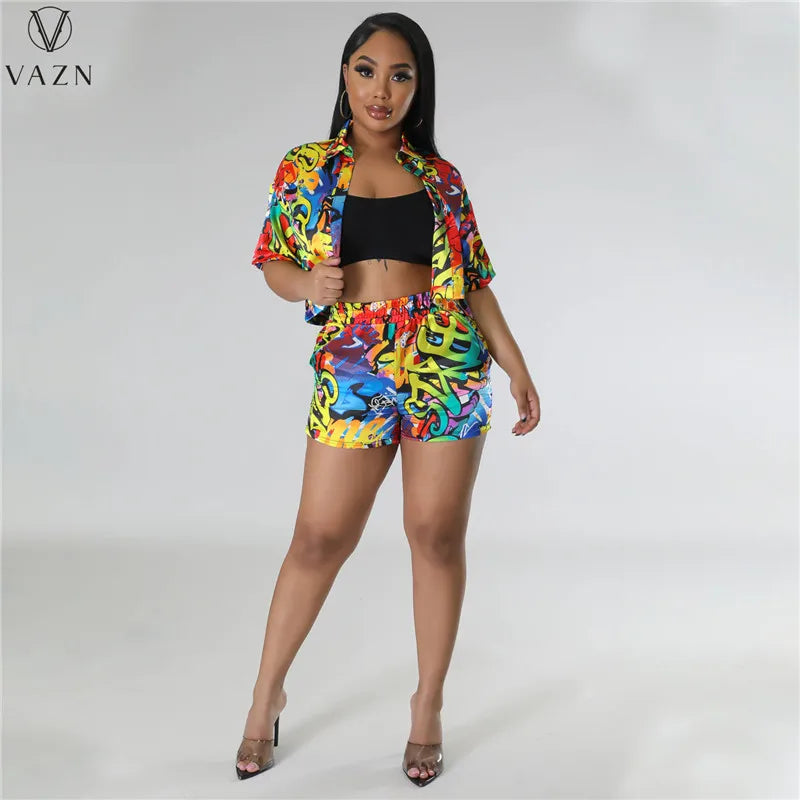 VAZN 2023 Sexy Girl Style Women Sets Short Sleeve Lapel Short Elastic Pockets Short Pants Lady Printed Lady 2 Piece Set