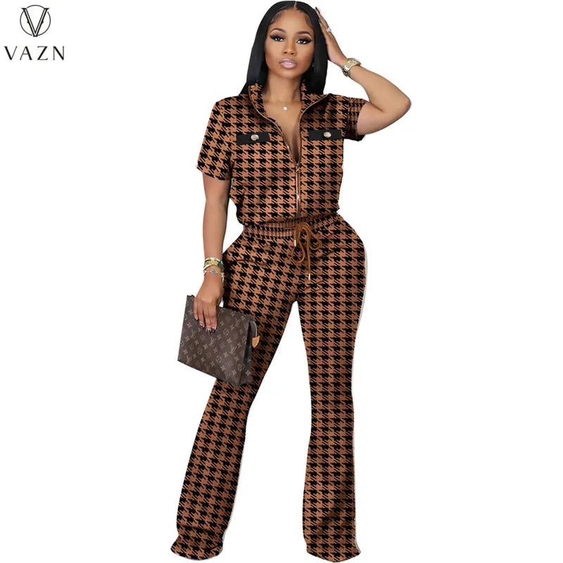 VAZN 2023 New Fashion Casual Street Style 2 Piece Sets Short Sleeve Lapel Zipper Top Elastic Long Pants Printed Women Set