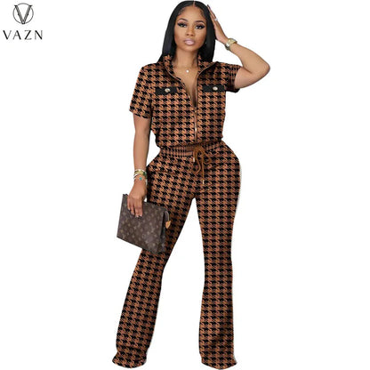 VAZN 2023 New Fashion Casual Street Style 2 Piece Sets Short Sleeve Lapel Zipper Top Elastic Long Pants Printed Women Set