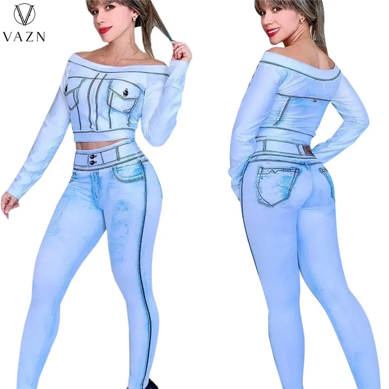 VAZN New 2023 Fashion Street Casual Style Women Suit Long Sleeve Card Shoulder Top Elastic Long Pants Printed Two Piece Sets