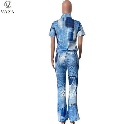 VAZN 2023 New Fashion Casual Street Style 2 Piece Sets Short Sleeve Lapel Zipper Top Elastic Long Pants Printed Women Set