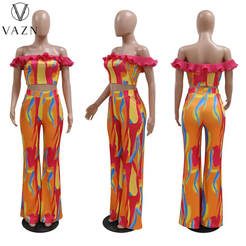 VAZN New 2023 Short Sleeve Card Shoulder Top Elastic Long Pants Printed Lady 2 Piece Set Fashion Casual Street Style Women Suit