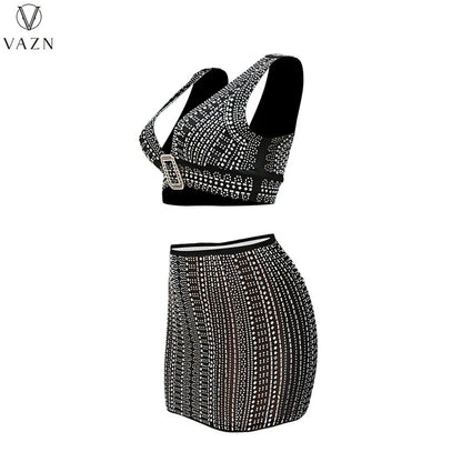 VAZN 2022 Hot Sale Sexy Club Party Style Women Sets Sleeveless V Neck Short Top Elastic Mini Short Skirt Lady Two Piece Set