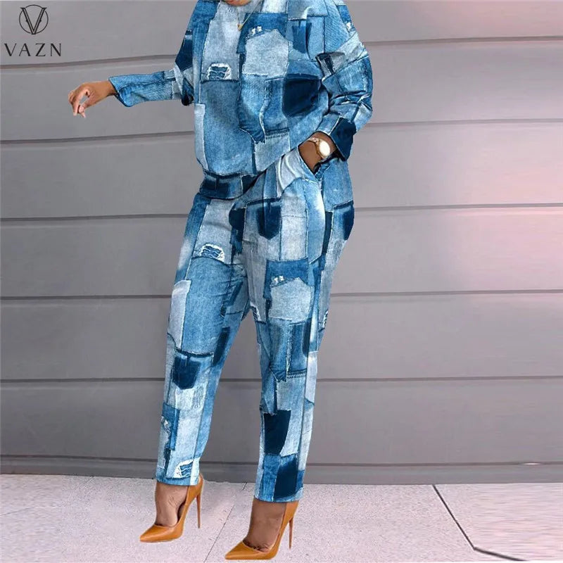 VAZN New 2022 Fashion Street Casual Style Women Suit Long Sleeve Round Neck Top Elastic Pockets Long Pants Printed Two Piece Set