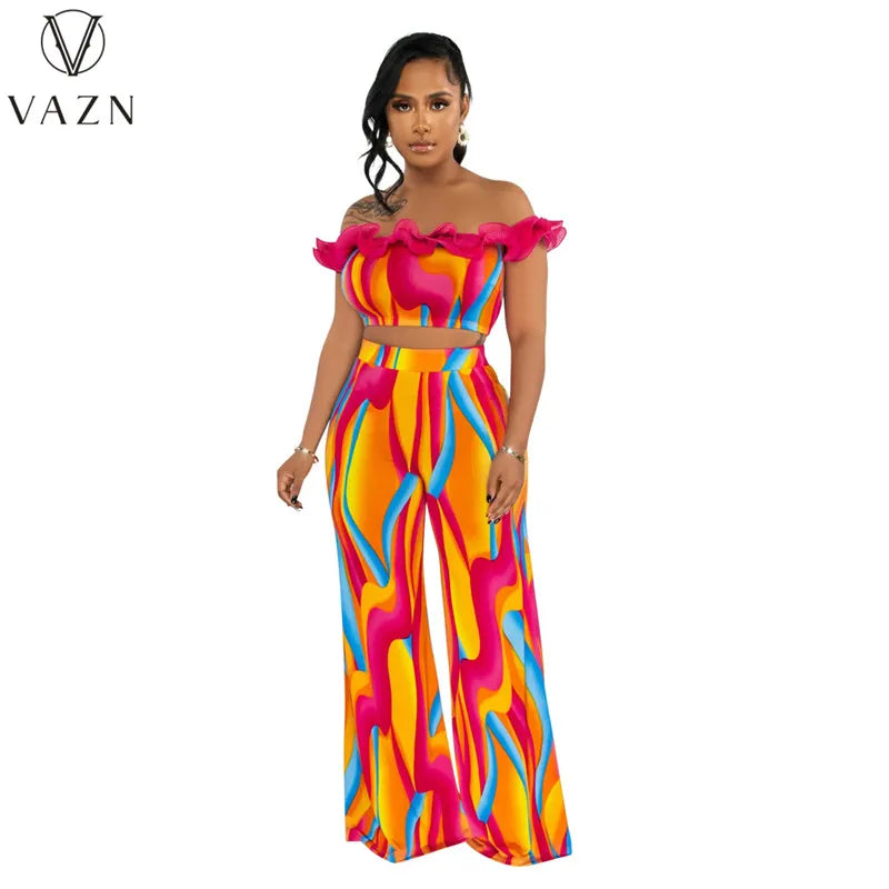 VAZN New 2023 Short Sleeve Card Shoulder Top Elastic Long Pants Printed Lady 2 Piece Set Fashion Casual Street Style Women Suit