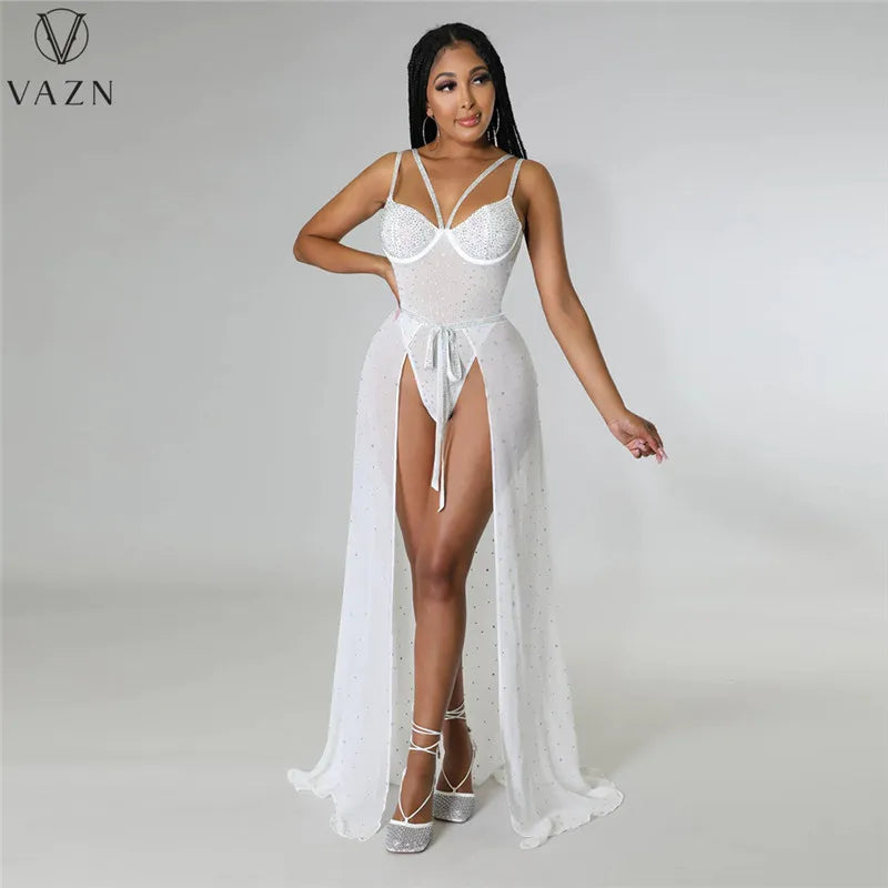 VAZN 2022 Sexy Club Party Style Women Suit Sleeveless Jumpsuits Elastic Floor Length Skirt Pure Color Two Piece Set