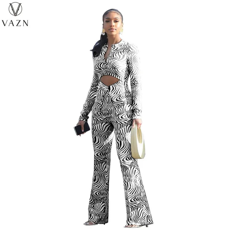 VAZN New 2022 Fashion Casual Street Style Women Suit Long Sleeve Hollow Out Top Elastic Long Pants Printed Lady Two Piece Set