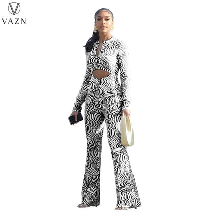 VAZN New 2022 Fashion Casual Street Style Women Suit Long Sleeve Hollow Out Top Elastic Long Pants Printed Lady Two Piece Set