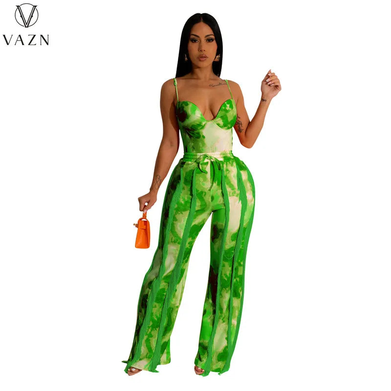 VAZN New 2023 Sleeveless Strapless Jumpsuits Elastic Long Pants Printed Lady Two Piece Set Casual Street Style Women Suit