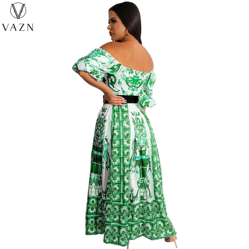 VAZN 2023 Hot Sale Women New High Street Style Long Dress Short Sleeve Card Shoulder Dress Printed Lady Floor Length Dress