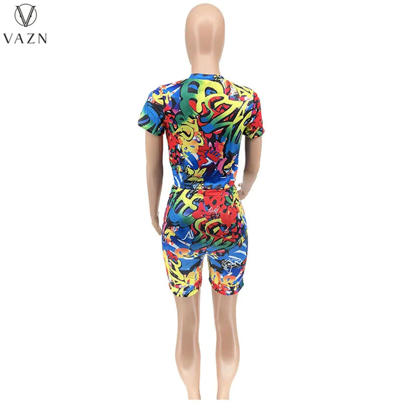 VAZN 2023 Street Casual Style Women Sets Short Sleeve Round Neck Top Elastic Short Pants Lady Printed Lady Two Piece Set