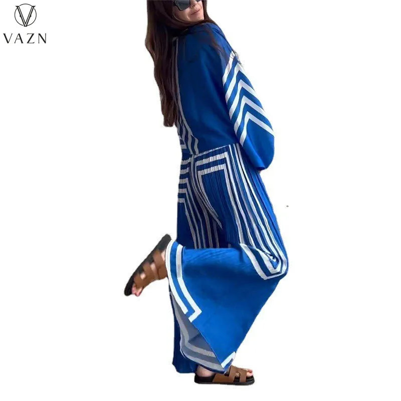 VAZN 2023 New Lady Casual Street Style 2 Piece Sets Long Sleeve Lapel Shirt Elastic Long Pants Printed Women Sets