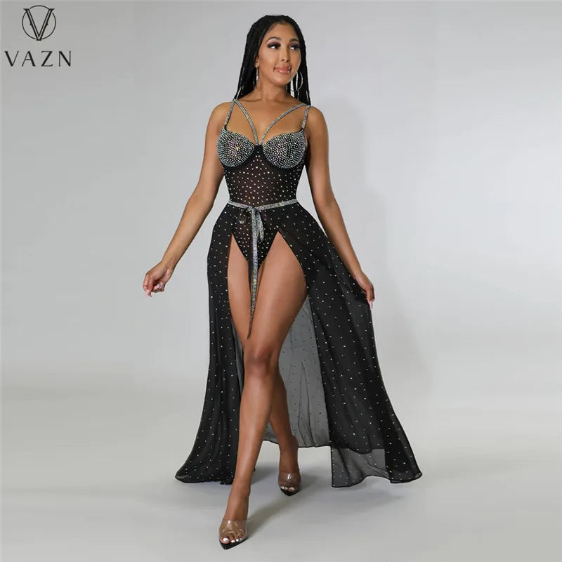 VAZN 2022 Sexy Club Party Style Women Suit Sleeveless Jumpsuits Elastic Floor Length Skirt Pure Color Two Piece Set