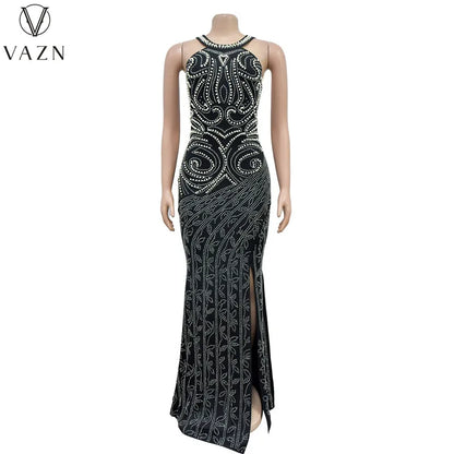 VAZN 2023 New Luxury Designer Young Sexy Club Diamonds Flaring Spaghetti Strap Backless Women High Waist Long Mermaid Dress