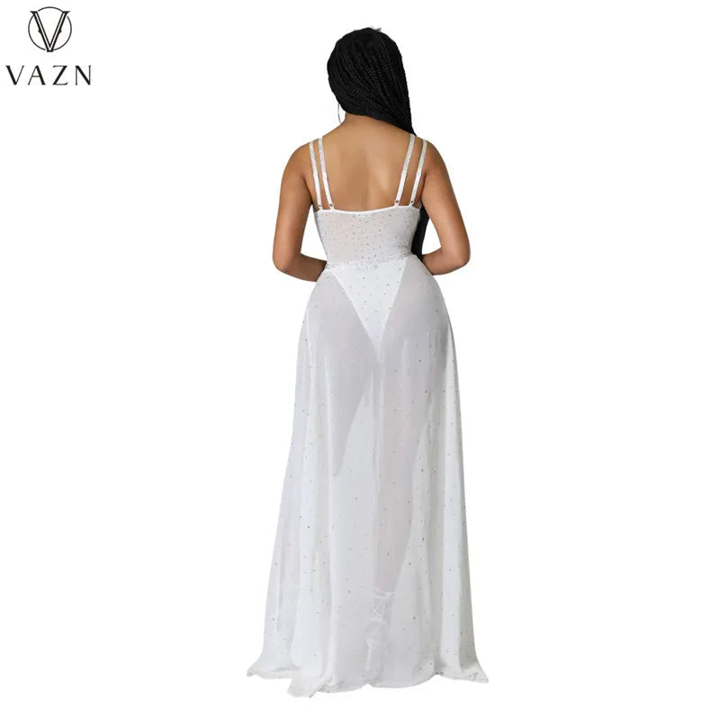 VAZN 2022 Sexy Club Party Style Women Suit Sleeveless Jumpsuits Elastic Floor Length Skirt Pure Color Two Piece Set