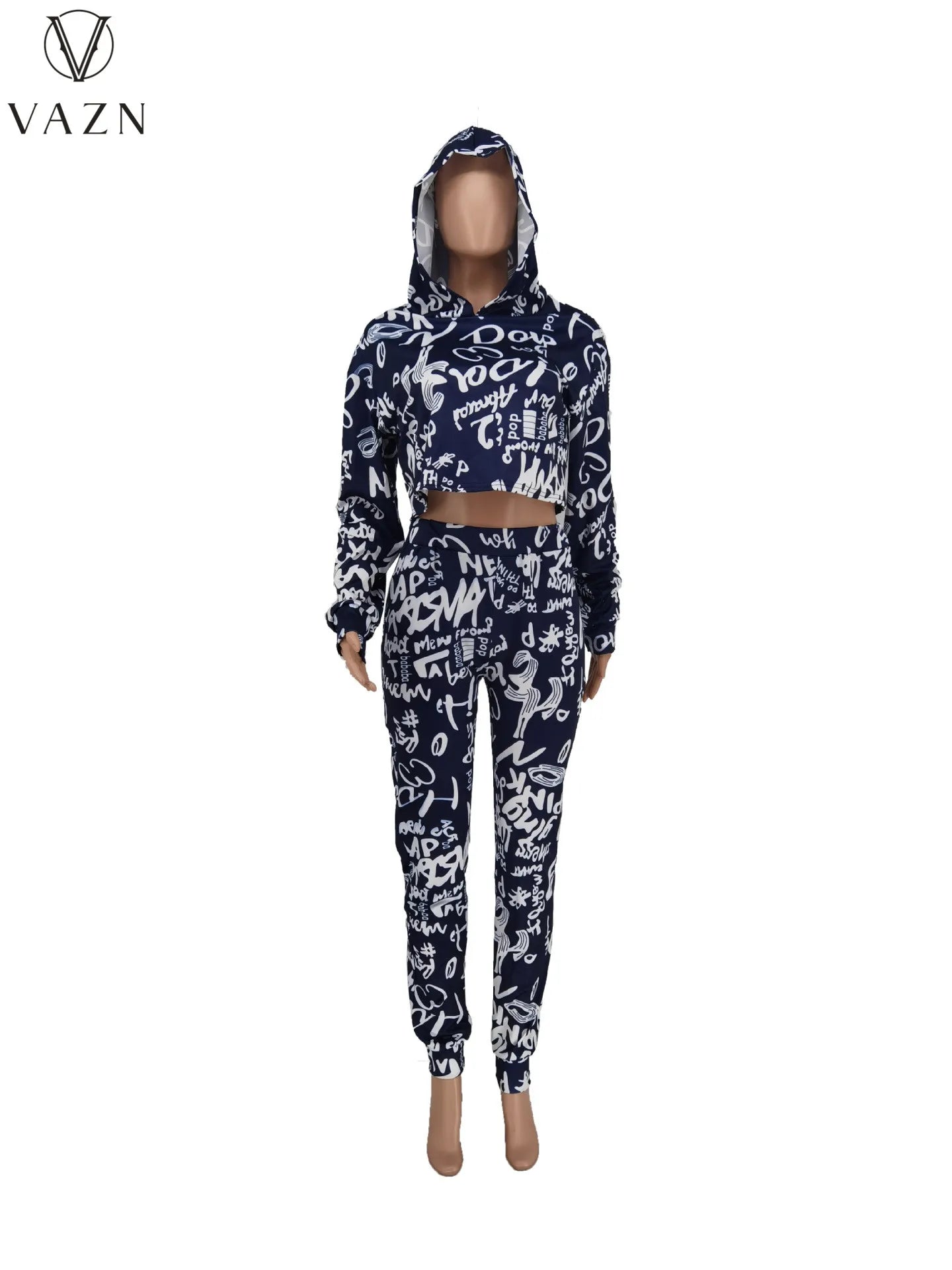 VAZN 2022 Fashion Lady Street Casual Style 2 Piece Sets Long Sleeve Hooded Collar Short Top Elastic Long Pants Printed Women