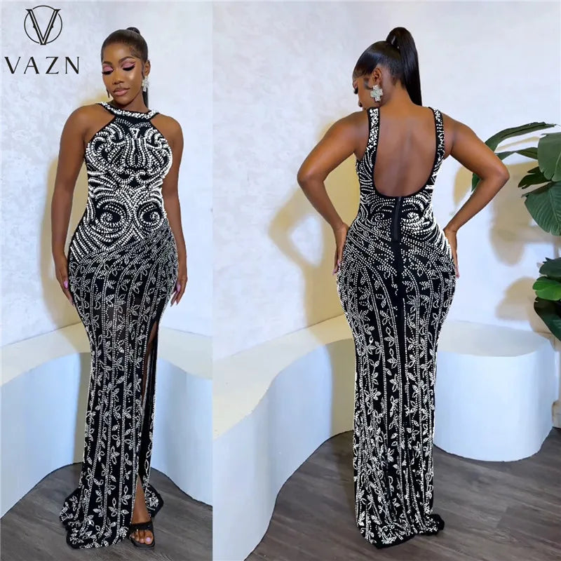 VAZN 2023 New Luxury Designer Young Sexy Club Diamonds Flaring Spaghetti Strap Backless Women High Waist Long Mermaid Dress