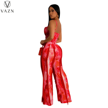 VAZN New 2023 Sleeveless Strapless Jumpsuits Elastic Long Pants Printed Lady Two Piece Set Casual Street Style Women Suit