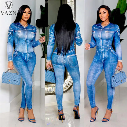 VAZN 2023 New Fashion Casual Street Style 2 Piece Sets Long Sleeve Round Neck Top Elastic Long Pants Printed Women Set