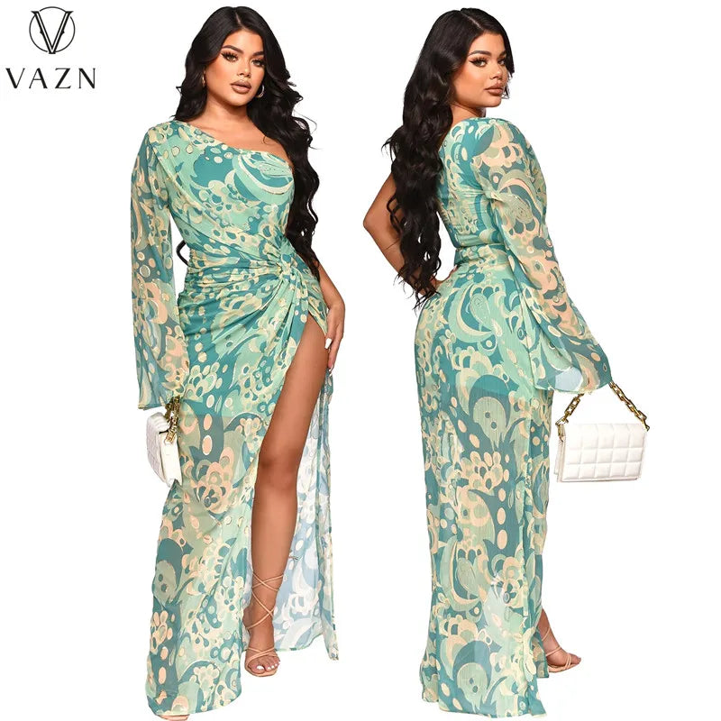 VAZN 2023  Top Quality Retro Print Young Sexy Club Chiffon Full Sleeve One Off Shoulder Women High Waist Long Spit Dress