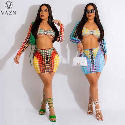 VAZN 2023 Hot Sale Sexy Street Style Women Sets Long Sleeve Deep V Short Top Elastic Mini Short Skirt Printed Lady Sets