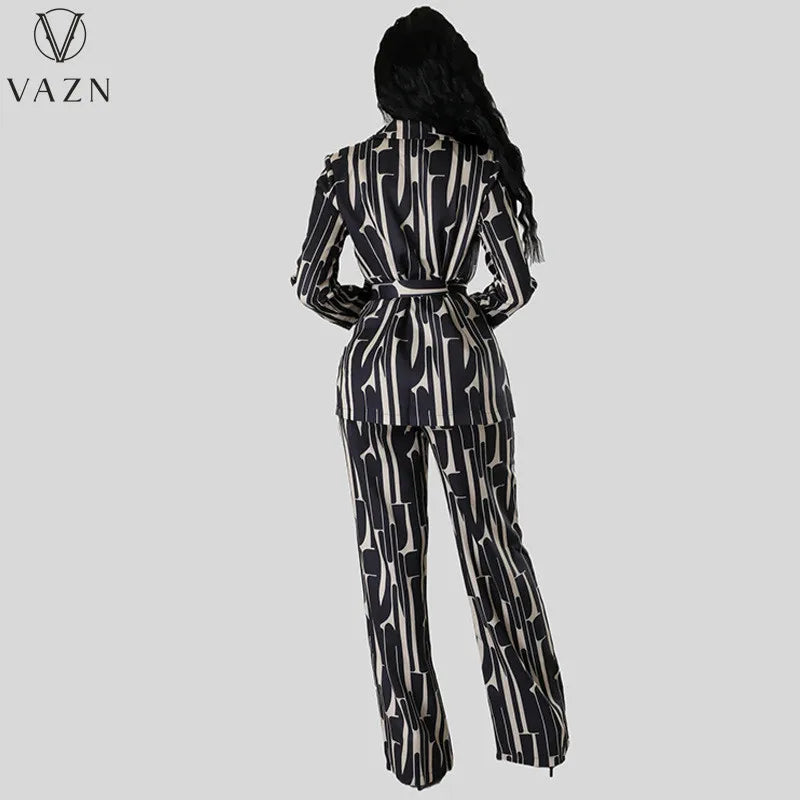 VAZN 2023 Hot Popular Retro Print Suit Set Office Lady Open Stitch Full Sleeve + Long Wide Leg Pants Women 2 Piece Set