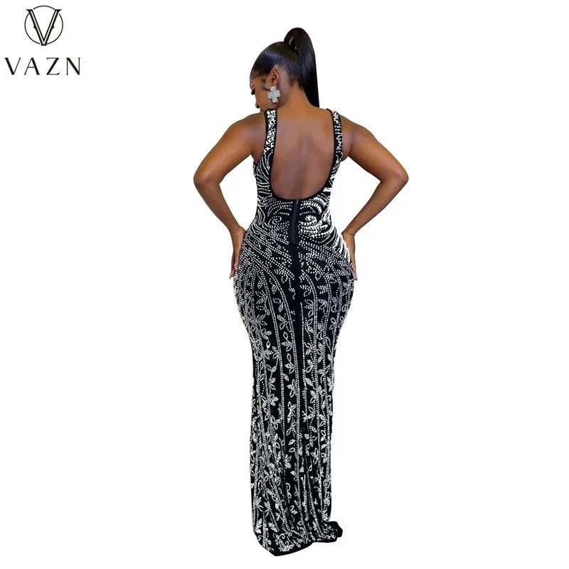 VAZN 2023 New Luxury Designer Young Sexy Club Diamonds Flaring Spaghetti Strap Backless Women High Waist Long Mermaid Dress