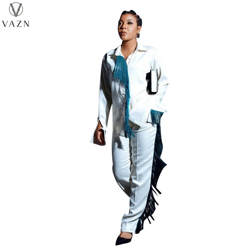 VAZN New 2022 Tassel Casual Street Style Women Suit Long Sleeve Lapel Shirt Elastic Long Pants Pure Color Two Piece Set