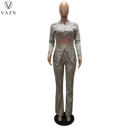 VAZN New 2022 Fashion Casual Street Style Women Suit Long Sleeve Hollow Out Top Elastic Long Pants Printed Lady Two Piece Set