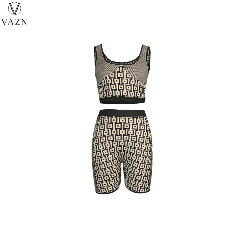 VAZN 2023 Street Girl Style Women Sets Sleeveless Round Neck Short Top Elastic Short Pants Lady Printed Lady 2 Piece Set