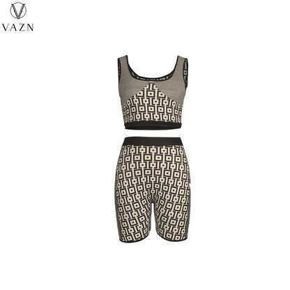 VAZN 2023 Street Girl Style Women Sets Sleeveless Round Neck Short Top Elastic Short Pants Lady Printed Lady 2 Piece Set