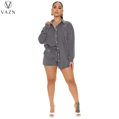 VAZN 2022 New Women Casual Street Style Sets Long Sleeve Lapel Single Breasted Shirt Elastic Short Pants Striped 2 Piece Set