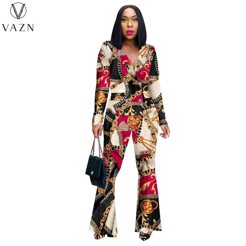 VAZN 2023 Autumn Latest Style Retro Print Office Lady Full Sleeve Suits Open Stitch +Long Boot Cut Pants Women 2 Piece Set