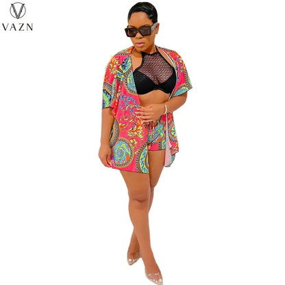 VAZN 2022 Women Sexy Holiday Style Sets Short Sleeve Outwear Elastic Short Pants Printed Lady Two Piece Set