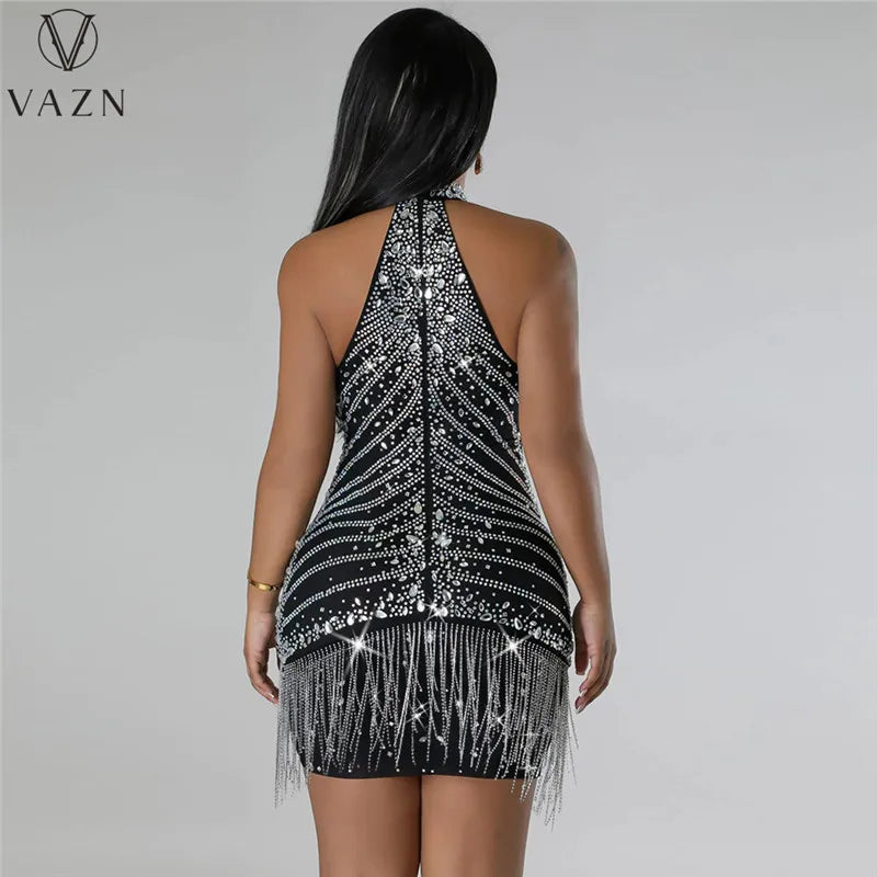 VAZN 2023 New Luxury Designer Solid Lace Sexy Club Hotsweet Diamonds Halter Off Shoulder Tassel High Waist Women Short Dress