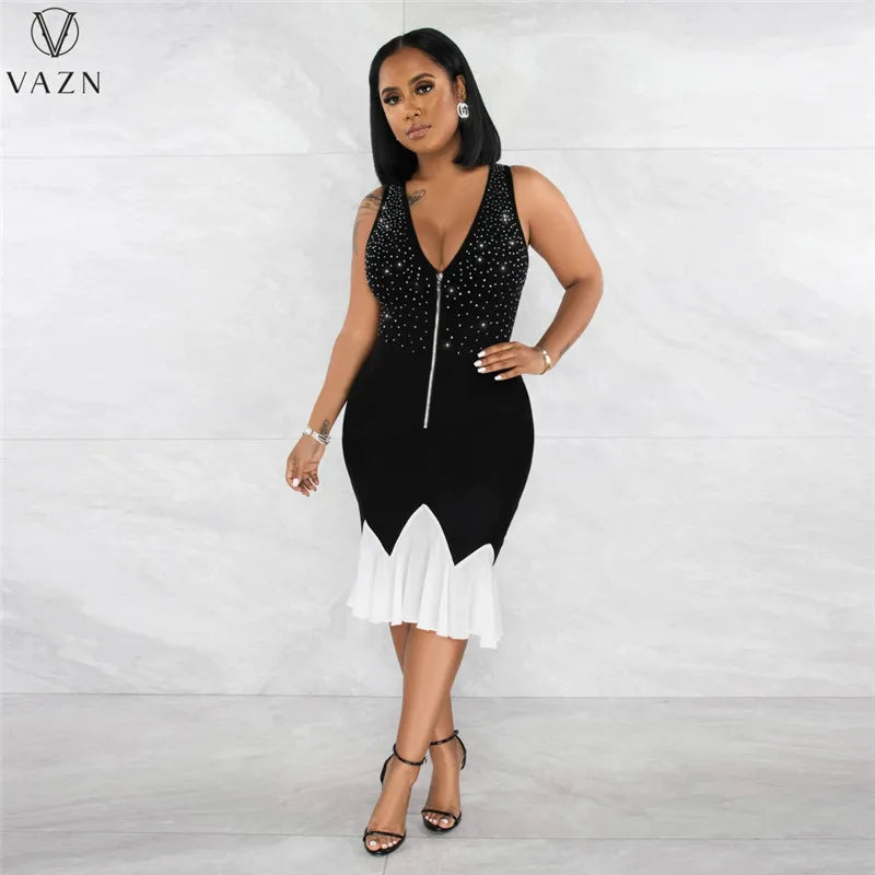 VAZN 2023 High Street Style Women Mid Long Dress Printed Lady  Long Dresses Hot Sale Sleeveless Zipper V Neck Dress