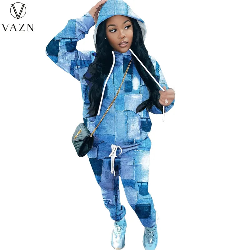 VAZN New 2022 Fashion Street Casual Style Women Suit Long Sleeve Hooded Collar Top Elastic Long Pants Printed Two Piece Sets