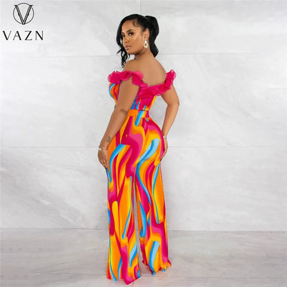 VAZN New 2023 Short Sleeve Card Shoulder Top Elastic Long Pants Printed Lady 2 Piece Set Fashion Casual Street Style Women Suit