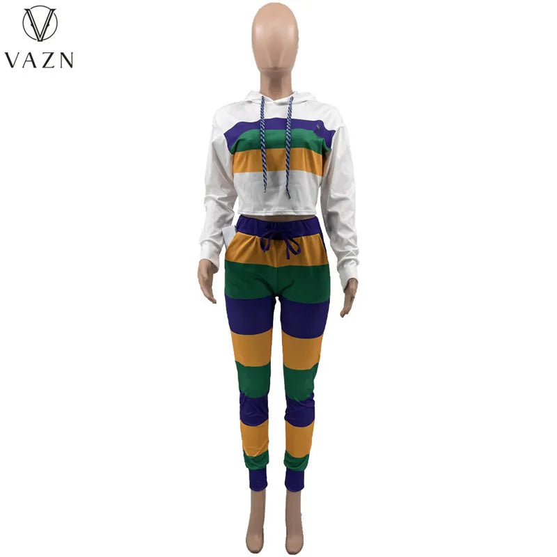 VAZN 2023 Hot Sales Striped Young Casual Suitable Tracksuits Free Hooded Full Sleeve +Long Pencil Pants Women 2 Piece Set