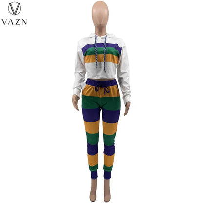 VAZN 2023 Hot Sales Striped Young Casual Suitable Tracksuits Free Hooded Full Sleeve +Long Pencil Pants Women 2 Piece Set