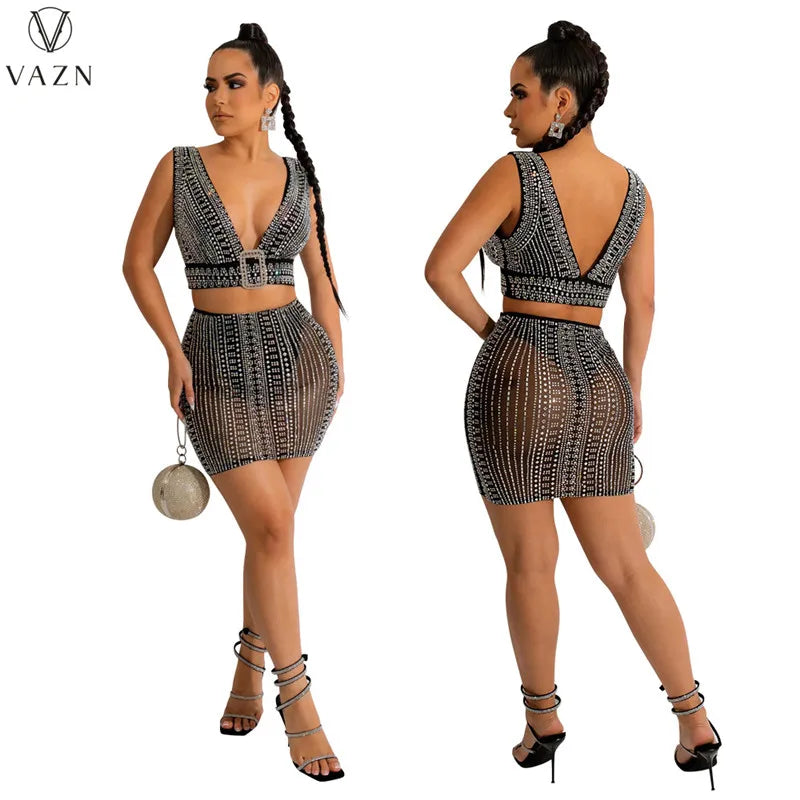 VAZN 2022 Hot Sale Sexy Club Party Style Women Sets Sleeveless V Neck Short Top Elastic Mini Short Skirt Lady Two Piece Set