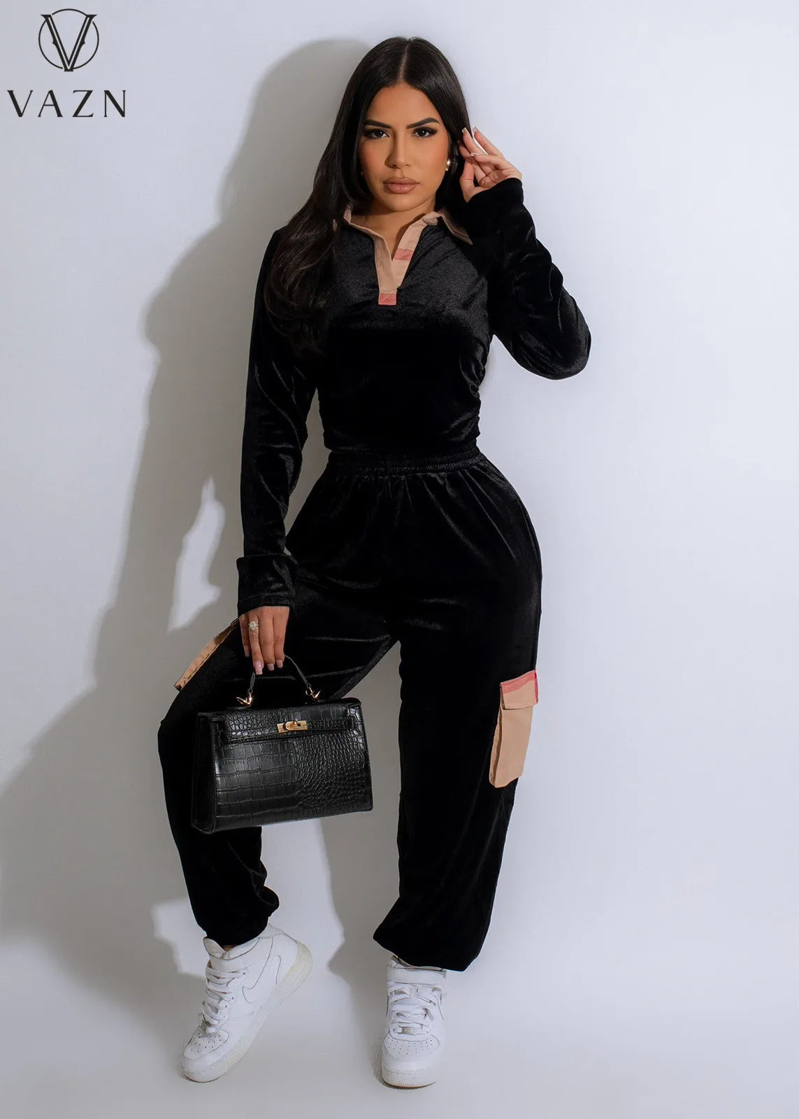 VAZN 2023 Autumn Winter Black Suede Set Causal Young Overalls Tracksuits Full Sleeve + Long Cross Pants Slim Women 2 Piece Set