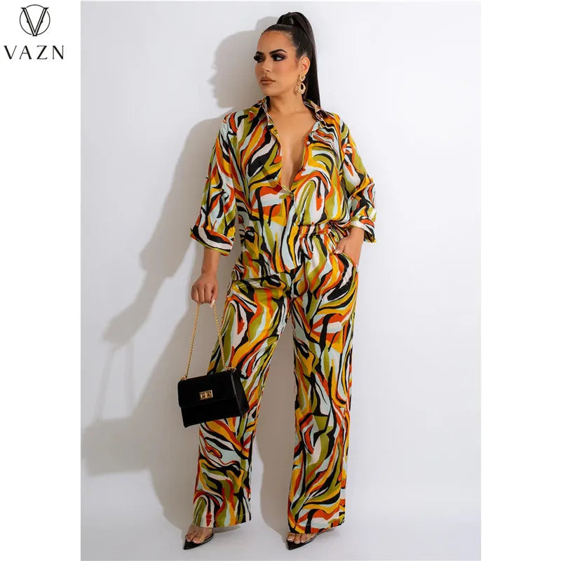 VAZN New 2022 Long Sleeve Lapel Shirt Elastic Long Pants Printed Lady 2 Piece Set Casual Street Style Women Suit