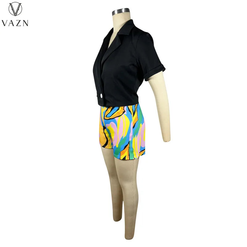 VAZN 2023 Street Casual Style Women Sets Short Sleeve Lapel Short Top Short Pants Lady Printed Lady Two Piece Set