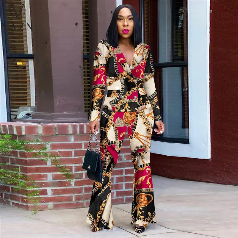 VAZN 2023 Autumn Latest Style Retro Print Office Lady Full Sleeve Suits Open Stitch +Long Boot Cut Pants Women 2 Piece Set