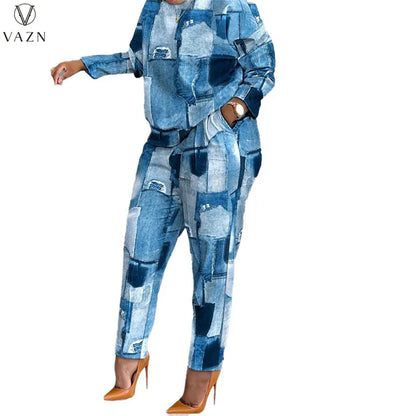 VAZN New 2022 Fashion Street Casual Style Women Suit Long Sleeve Round Neck Top Elastic Pockets Long Pants Printed Two Piece Set