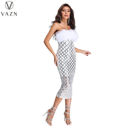 VAZN 2023 New Luxury Designer Young Sexy Club Patchwork Strapless Sleeveless Backless Women High Waist Long Pencil Dress