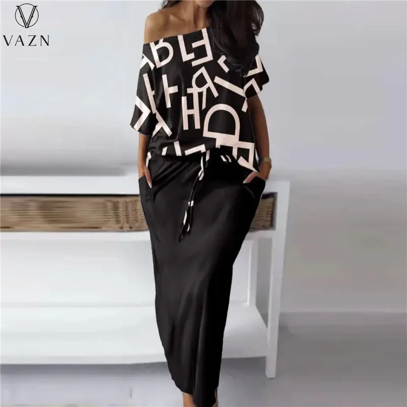 VAZN 2023 Hot Sale Street Girl Style Women Sets Short Sleeve Card Shoulder Top Elastic Floor Length Skirt Lady Printed Two Piece