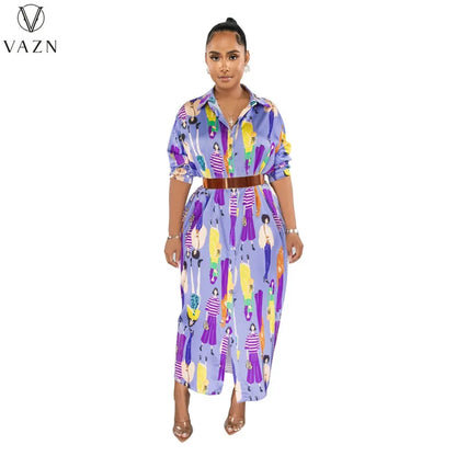 VAZN 2023 Printed Lady Long Dresses Hot Sale Long Sleeve Lapel Dress Casual Street Style Women Floor Length Shirt Dress