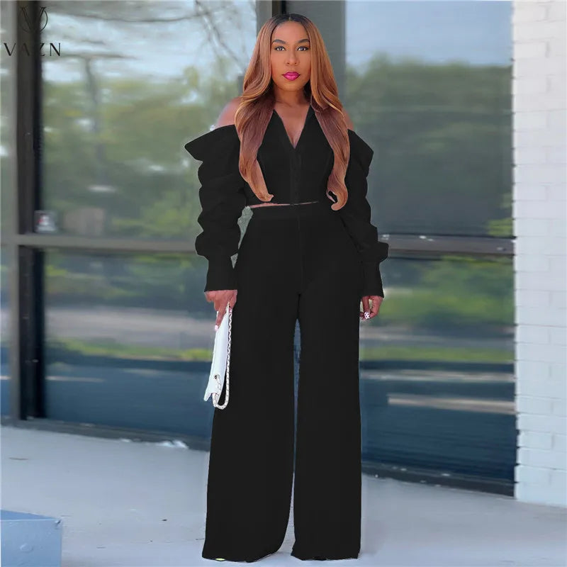 VAZN 2022 New Street Casual Style Women Suit Long Sleeve Single Breasted Shirt Elastic Long Pants Two Piece Set